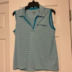 EP Pro Teal and White Striped Sleeveless Golf Top. Has Sage Meadows logo.